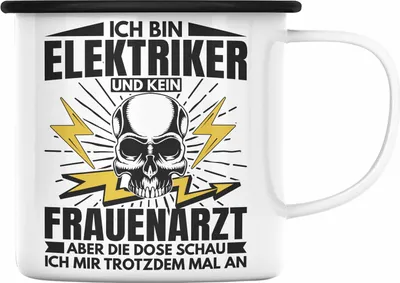 Produktbild von Trendation - Elektriker Emaille Tasse Geschenk Elektromeister Lustiger Spruch Männer Geschenkidee Ich Bin Elektriker Kein Frauenarzt (Schwarz)