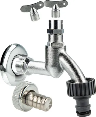 Produktbild von tecuro Auslaufventil 1/2 Zoll, Steckschlüssel-Oberteil, Steckkupplung, Wandrosette, MS mattverchromt