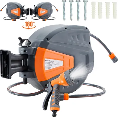 Produktbild von AREBOS Gartenschlauchaufroller 15 m, Schlauchaufroller, schwenkbare Schlauchtrommel, Wand-Schlauchbox mit Arretierstop, Inkl. Wandhalterung, Orange