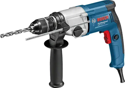 A Bosch drill with a drill bit attached, shown against a white background.