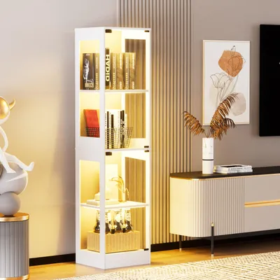 Produktbild von okwish Glasvitrine Wohnzimmerschrank mit Glastüren und intelligenten Sensoren Hochschrank Aufbewahrungsschrank mit LED-Beleuchtung und Stauraum Weiß
