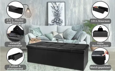 Obrázok produktu pre Skladacia úložná lavica, čierna, 115x38x38cm, MDF