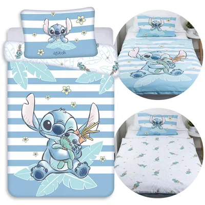 Produktbild von Disney Stitch, weiß-blaue doppelseitige Kinderbettwäsche aus 100 % Baumwolle mit Reißverschluss, 100 x 135 cm + 40 x 60 cm,
