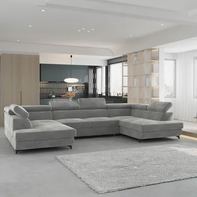 Produktbild von Masseno Ecksofa VINTESSA mit Schlaffunktion U-Form, Sofa mit Bettkasten, Wohnzimmersofa, Couch, Soffa, Bettsofa, Couchgarnitur- Hellgrau, MONOLITH 84