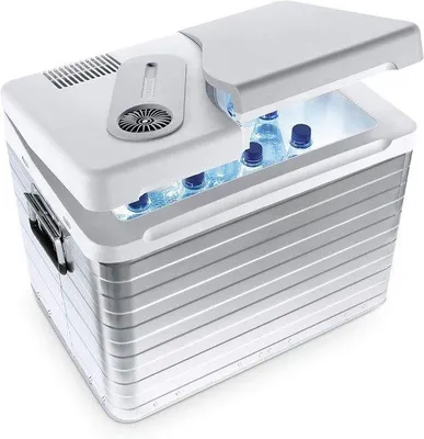 Obrázek produktu pro Přenosná elektrická chladnička - hliníková - objem 39 litrů - chlazení až o 20 °C pod okolní teplotu - vhodná do auta, karavanu a lodě