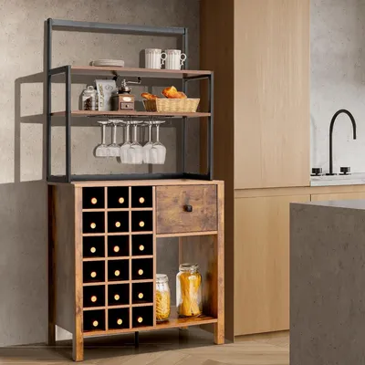 A kitchen cabinet with a wine rack and glass holders, a drawer, and shelves, set in a modern kitchen environment.