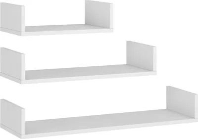 Three white U-shaped shelves of varying sizes arranged diagonally on a white background.