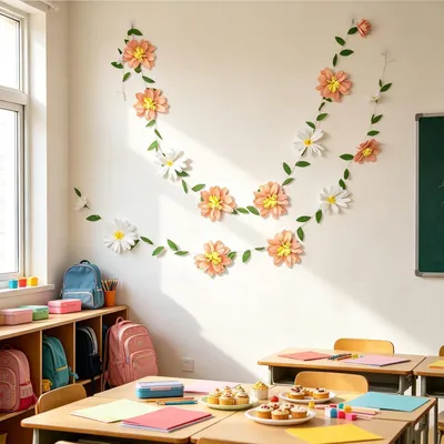 Productafbeelding van Ganzenbloem bloemengordijn, set van 2, roze en wit, papieren decoratie