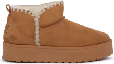 A single brown boot with a platform sole and white trim is shown against a white background.