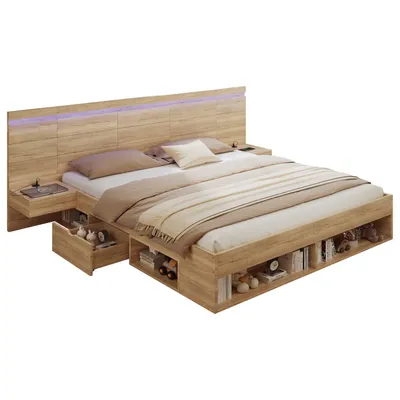 Produktbild von Doppelbett 180*200cm, Stauraumbett, holzbett, Jugendbett, mit USB& Type-C-Ladestation und LED-Beleuchtung, mit 2 Nachttische, mit Schubladen