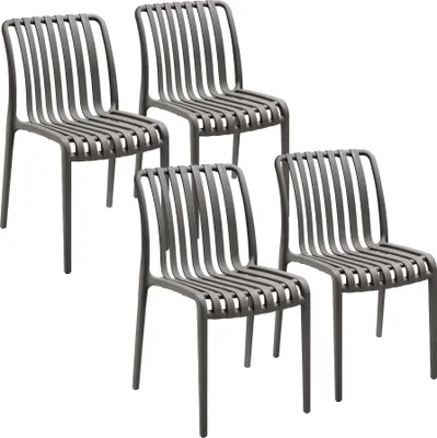 Four identical gray chairs are arranged in a staggered formation against a white background.