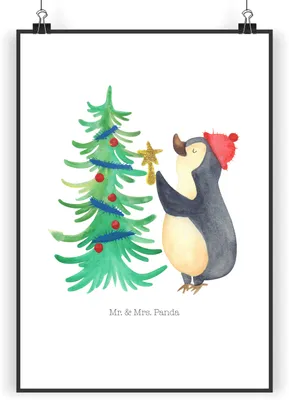 Produktbild von Mr. & Mrs. Panda Bild Pinguin Weihnachtsbaum DIN A3 - Weiß - Geschenk, wanddeko, drucke, Weihnachten, Wanddekoration, Winter, Wandbild, Kunstdruck