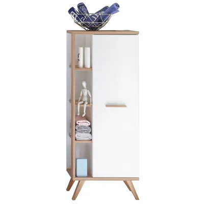 Produktbild von Badezimmer Midischrank MALANJE-66 in weiß glänzend & Riviera Eiche quer Nb. - B/H/T: 50,5/128/33cm