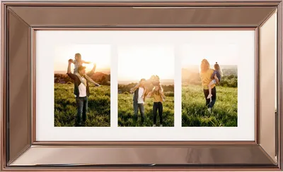 A multi-photo frame displaying three images of families in an outdoor setting.