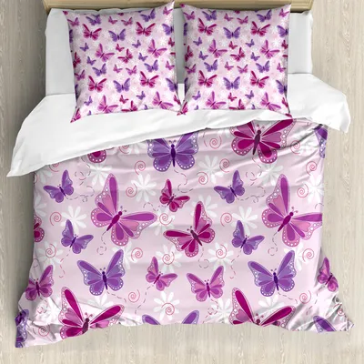 Produktbild von ABAKUHAUS Schmetterling Bettbezug Set, Schmetterlinge Mit Feenhaften Farben Hippie Style Druck Magischen Design Bild, 200 x 200 cm + 80 x 80 cm, Pink Lila