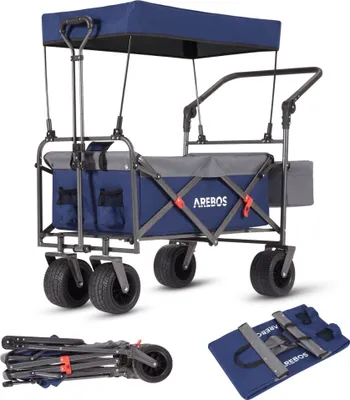 Produktbild von AREBOS Bollerwagen faltbar mit Dach blau| Luxus, XXL Tasche, 360° Vorderräder Blau