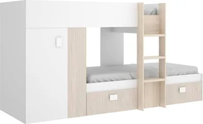 Produktbild von Kinderbett Dbajram, komplettes Schlafzimmer mit Kleiderschrank und Schubladen, Etagenbettkomposition mit zwei Einzelbetten, 271 x 111 x 150 cm, Weiß und Eiche