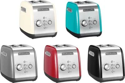 A collage of five different colored KitchenAid toasters.
