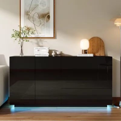 Immagine prodotto di Credenza Fortuna Lai nera lucida con LED, mobile TV, cassettiera con 2 armadi e 3 cassetti, 160x35x76 cm, vetrina, nero