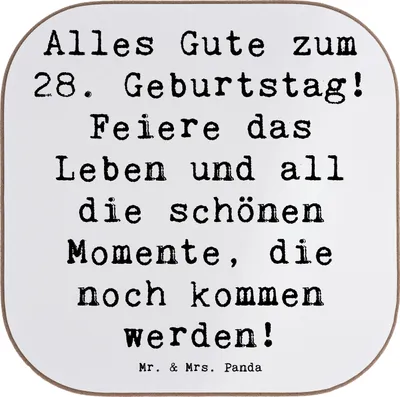Produktbild von Mr. & Mrs. Panda Untersetzer für Gläser Spruch 28. Geburtstag - Weiß - Geschenk, Holzuntersetzer, Grußkarten, Tasse, Quadratisch, Glück, Geburtstagsspruch 28 Jahre, Alter