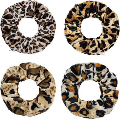Produktbild von 4 Stück Haargummis mit Leopardenmuster, Haargummis Damen, Scrunchies Samt, mit Reißverschluss Tasche Samt Scrunchies mit versteckter Reißverschlusstasche, Elastische Haarbänder
