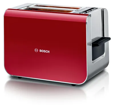 A red and silver Bosch toaster is shown against a white background.