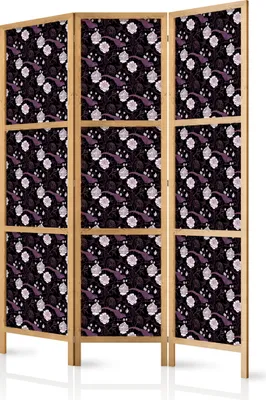 Produktbild von 3-teiliger Einseitiger Vlies Japanischer Paravent - Birds Among Flowers - Pheasants Surrounding Peonies - Purple 135x172 cm Blumen b-B-10451-bh-a