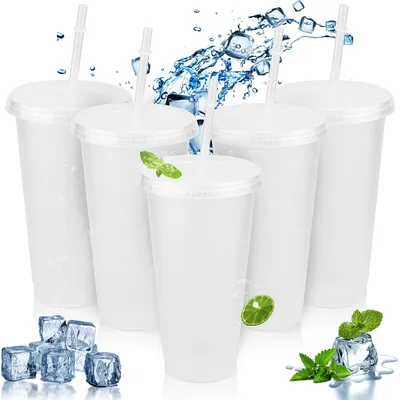 5er Set Plastikbecher 680 ml mit Deckel & Strohhalm, BPA-frei