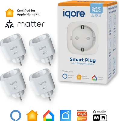 Produktbild von iqore - 4x Intelligente WLAN Steckdose für Apple Homekit / Matter mit Strommessung, Sprachsteuerung, Timer, SmartLife App, Smart Plug, Alexa & Google