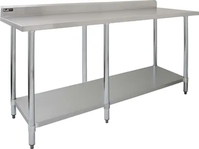 Obrázek produktu pro Gastronomie Nerezový stůl Pracovní stůl 210 cm Kuchyňský stůl Stůl na porcování Nerezový stůl na přípravu potravin Restaurace Kuchyně Úložný prostor Nosnost 250 kg Zadní stěna 10 cm 2 x utěrky z mikrovlákna