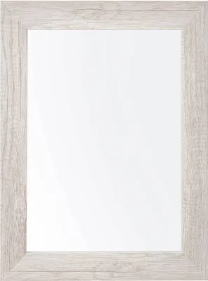 A rectangular mirror with a light wood-effect frame is shown against a white background.