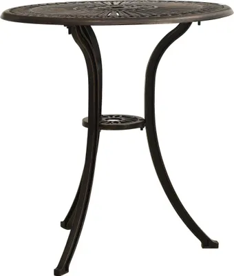 A bronze-colored round garden table with a decorative top and a pedestal base.
