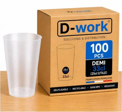 Image de Lot de Verres Gobelets DEMI 33 cl (25 utile), Réutilisable et Recyclable en Polypropylène sans BPA - Translucide - D-Work