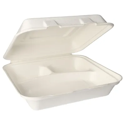 An empty, white, three-compartment disposable food container with its lid open.