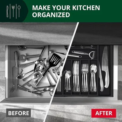 Image de Organiseur de tiroir de cuisine noir avec porte-couverts et séparateurs rainurés