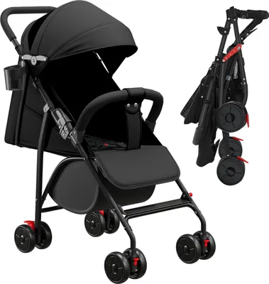 Produktbild von Baby Kinderwagen Kinderbuggy Reisebuggy mit Liegefunktion,Fußstützen,Atmungsaktive Netze und Vorzelte, Rückenlehne mit Kissen Schwarz