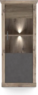 Produktbild von Vitrine "PORTUM 040 Hochvitrine" in Nachbildung Lamellen Flagstaff Eiche-Anthrazit mit einer Tür und 5 Fächern. Abmessungen (BxHxT) 76x173,7x40 cm