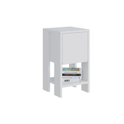 A white modern nightstand with a drawer and an open shelf displaying books.