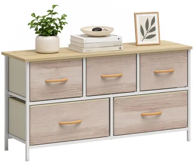 Produktbild von Stoffkommode mit 5 Schubladen, Metallgestell, ideal fš¹r Wohnzimmer oder Bš¹ro, Farbe: Natur und Wei?.