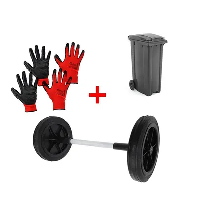 A collage of items including gloves, a trash can, and a wheel axle with wheels.