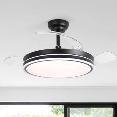 Image de Ventilateur de plafond Parrot Uncle avec éclairage et télécommande, pales rétractables de 106 cm, noir, anneau LED, intensité réglable, 3 couleurs de lumière