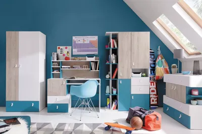 Produktbild von Jugendzimmer Kinderzimmer Komplett - Set C "Aalst", 6-teilig, Eiche / Weiß / Blau