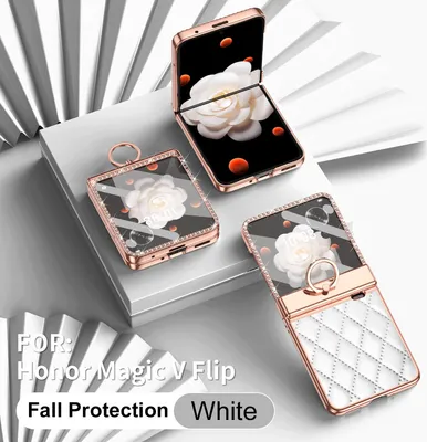 Image de Etui en cuir pour Honor Magic V Flip avec porte-anneau, étui de protection t brillant avec protection de la charnière Blanc
