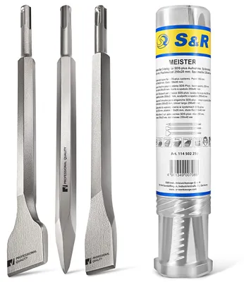Imagen del producto de Kit de cinceles para martillo perforador S&R, sistema SDS-plus, de 3 piezas, robusto y endurecido al calor: incluye cincel plano, cincel de pala y cincel de punta, apto para hormigón, mampostería, ladrillo y asfalto. Fabricado en acero para herramientas, de uso universal para materiales de construcción