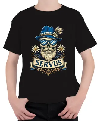 Produktbild von Servus Totenkopf Bart Trachtenhut Edelweiss Bayern Lederhose Kinder T-Shirt, Schwarz, 152