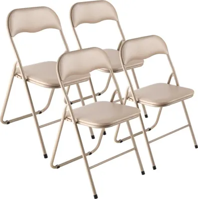 Image de 4 pcs. Chaises pliantes portables - Chaise pliante en cuir avec cadre métallique et coussin - Chaises empilables pour l'intérieur et l'extérieur - Chaise de camping pour la maison, la cour, le jardin, les fêtes - Couleur kaki