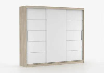 Produktbild von Schwebetürenschrank ABLA II 250 cm Sonoma Eiche Weiß, Kleiderschrank Schlafzimmerschrank, Garderobenschrank Schrank mit Schiebetüren