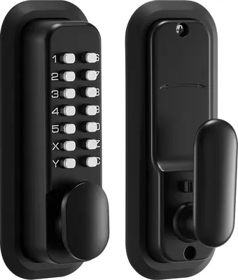 Immagine prodotto di SucceBuy Serratura meccanica con codice a tastiera su un lato (codice da 4 a 7 cifre), serratura senza chiave con maniglia, pomello e chiusura automatica, adatta per porte d'ingresso e garage, nera