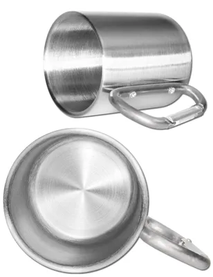 Produktbild von Outdoor Saxx® - Camping-Tasse, Outdoor-Becher, Metall-Becher, mit geschraubtem Karabiner-Griff, Edelstahl, Wandern, Trekking, Arbeit, 250 ml, silber (silber)