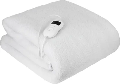 A white electric blanket folded on a white background.